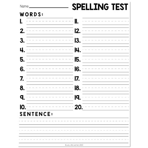 Spelling Test Template 20 Words Sentence Lines Lucky Little Learners