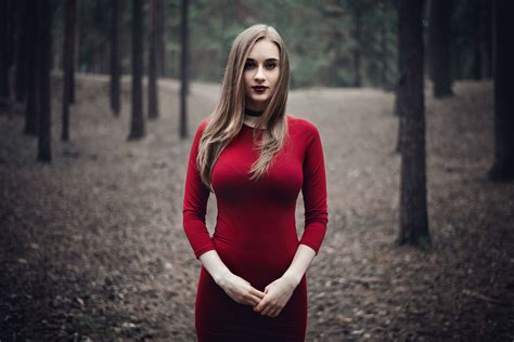 Lipstick Red Dress Long Hair Model Depth Of Field Girl Woman
