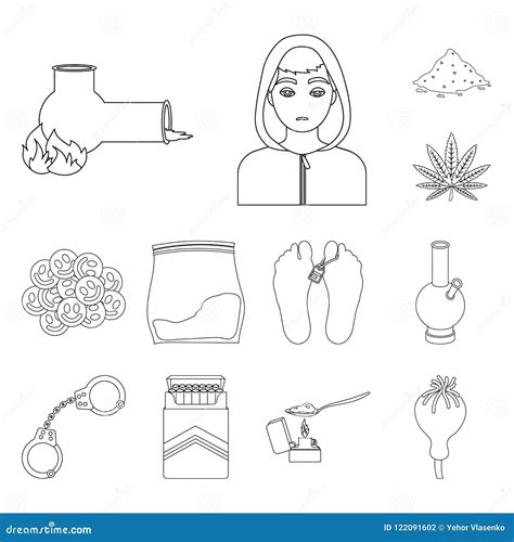 Drug Addiction And Attributes Outline Icons In Set Collection For