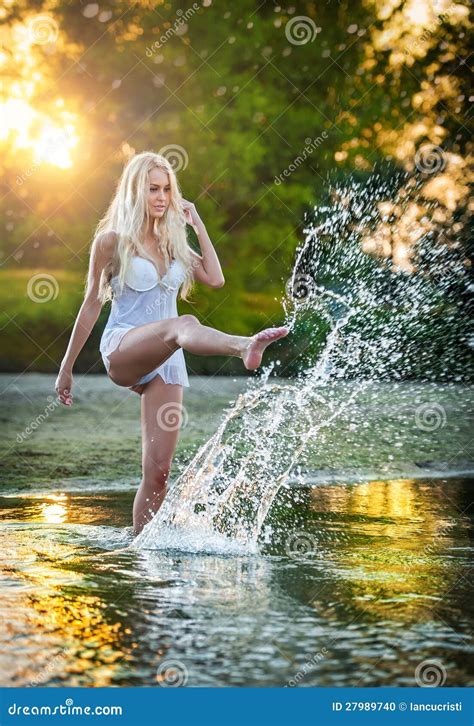Blonde Woman In Lingerie In A River Water Stock Photo Image Of
