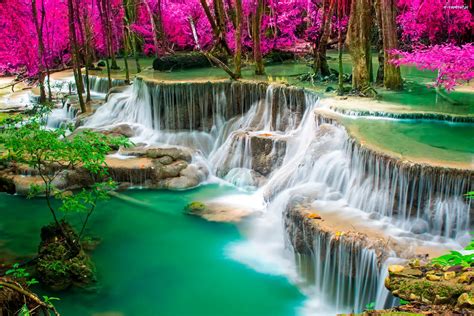 Tajlandia Kolorowe Drzewa Kaskada Wodospad Erawan Prowincja