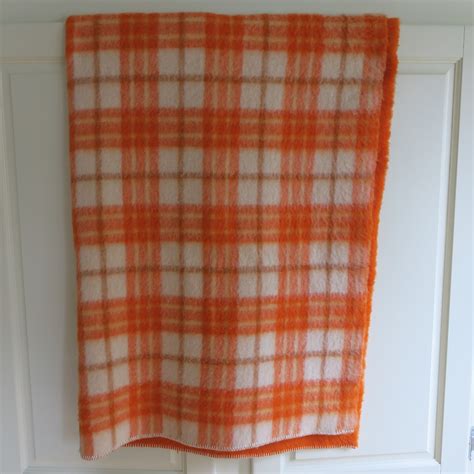Pure Wool Blanket Real In Orange And Beige Checkered Retroriek