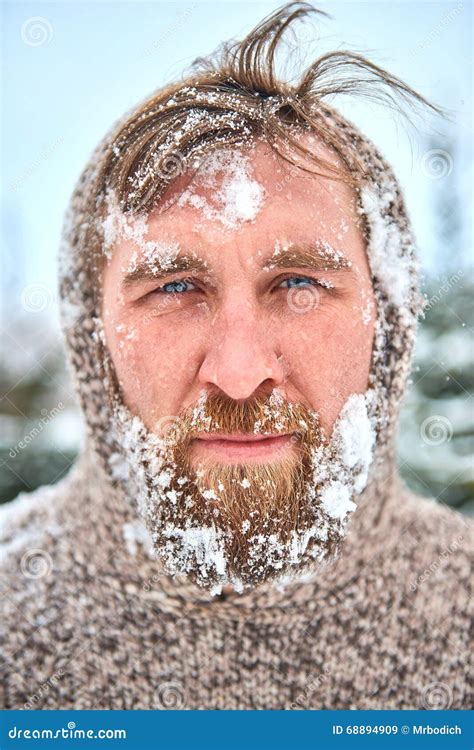 Portrait Of Bearded Man With Snow On His Face Stock Image Image Of