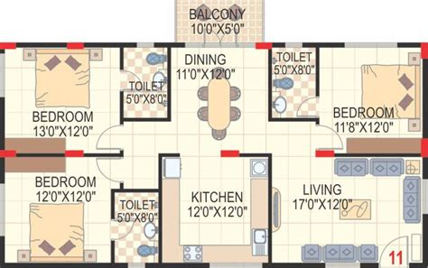 1545 Sq Ft 3 Bhk Floor Plan Image Sai Charita Green Oak Apartment