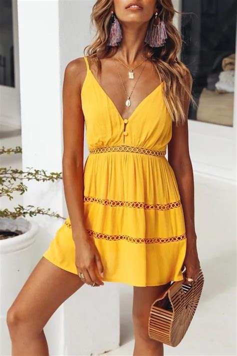 Stylish Yellow Sleeveless Vacation Mini Dress Casual Beach Dress