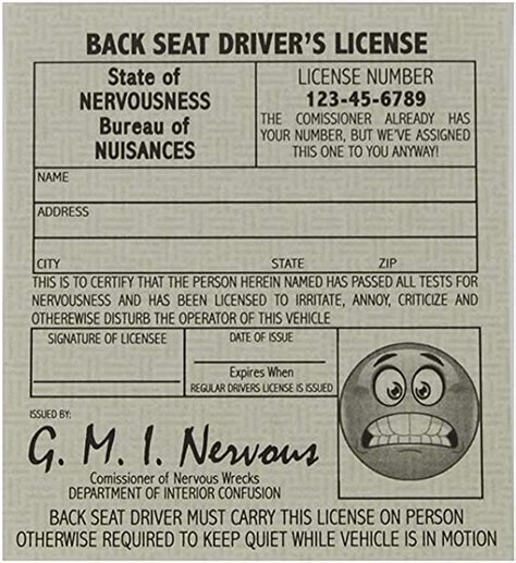 Back Seat Drivers License Novelty Gag T Funny Auto Prank Practical