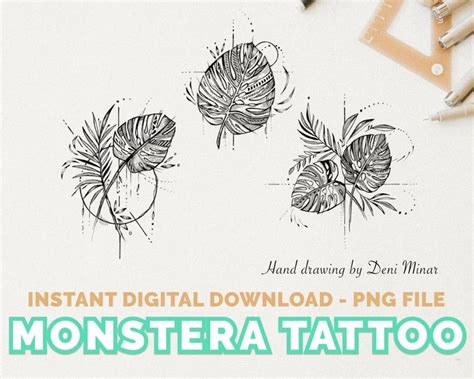 Monstera Tattoo Line Drawing Design For Plant Lovers Etsy Nederland