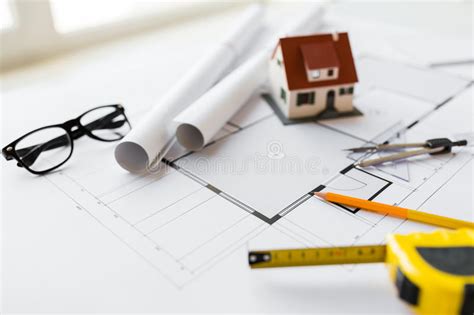 Close Up Of Architectural Blueprint And Tools Stock Image Image Of