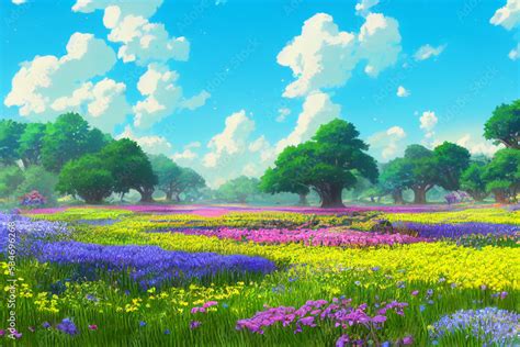Beautiful Fantasy Landscape Field Full Of Spring With Flowers Field Beautiful Sky Anime Style