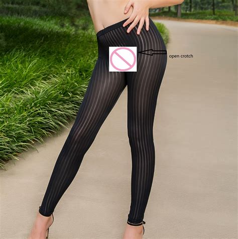 Sexy Women Stripes Nylon Open Crotch Leggings Vertical Micro