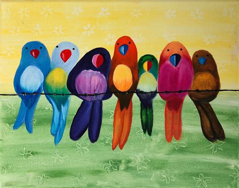 Bird Painting 7 Birds On Branch Colorful Nature Wall Art Original
