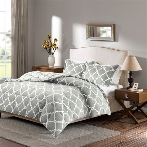 Grey And White Reversible Geometric Fretwork Comforter And Pillow Shams