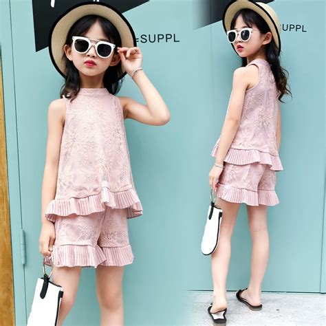2018 Korean Style Girls Lace 2pcs Sets Ruffles Vestshorts Kids