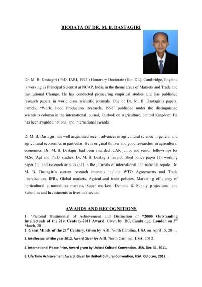 Biodata Of Dr M B Dastagiri Awards And Ncap