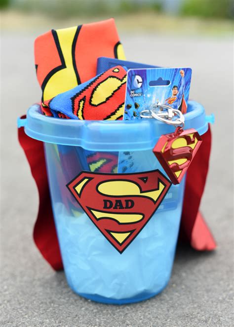 You will find ideas for toddlers, preschoolers, kindergarten as well as older kids.#fathersday #kidmade. Father's Day Superhero Gift Basket - Fun-Squared