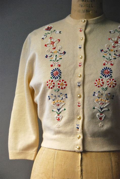 1950s Beaded Cardigancream Sweater50s Beaded Cardigan Etsy Retro Fashion Outfits