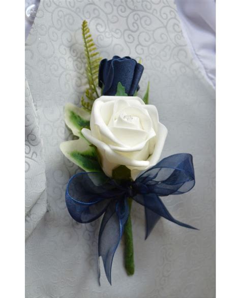 Navy Blue And Ivory Rose Buttonholes Grooms Corsage Artificial