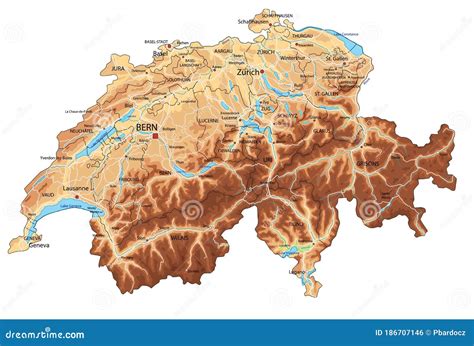Mappa Fisica Svizzera Ad Alta Precisione Con Etichettatura
