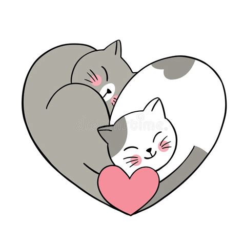 Hand Draw Cartoon Cute Valentine Day Couple Cats Black And White And
