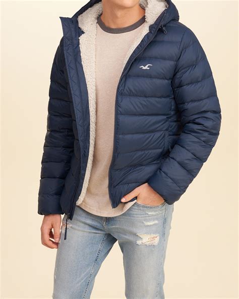 Hollister Synthetic Sherpa Lined Down Puffer Jacket In Navy Blue For