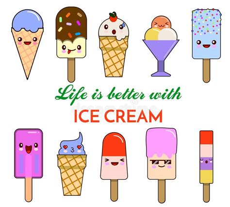 Set Of Illustration Of Cartoon Funny Ice Creams With Happy Smiling