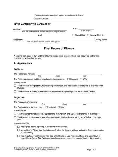 Free Printable Divorce Papers Texas Tutoreorg Master Of Documents