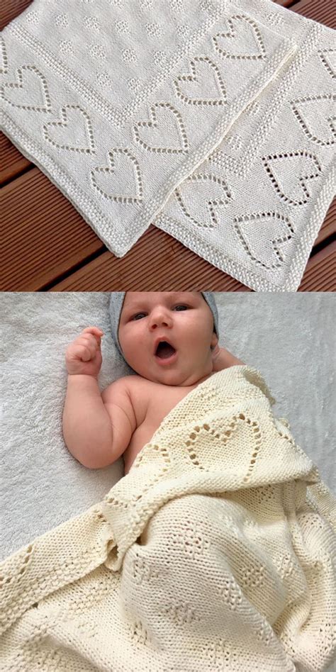 Knitting Pattern For Emilka Baby Blanket Bordered By Lace Hearts Baby