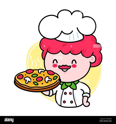Nette Lustige Koch Koch Halten Pizza Charakter Vektor Hand Gezeichnet