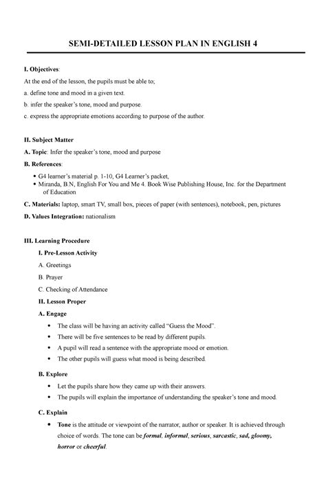 Detailed Lesson Plan In English Personal Pronouns I Objectives My Xxx