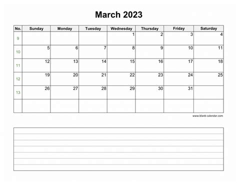 Download March 2023 Blank Calendar With Space For Notes Horizontal