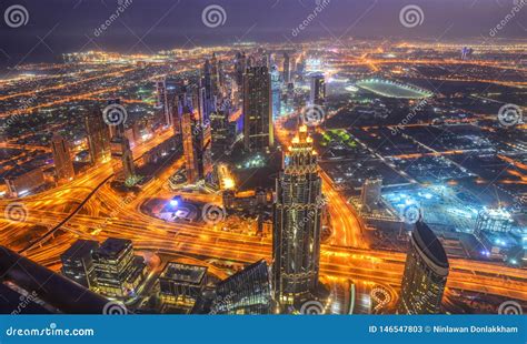 Aerial View Of Dubai City At Night Stock Image Image Of Emirates