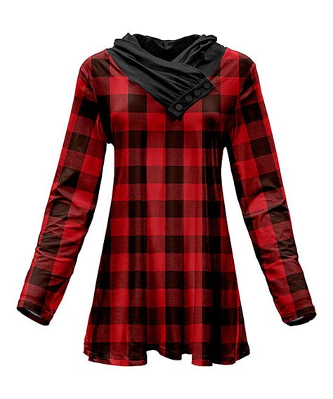Red And Black Buffalo Check Button Accent Shawl Collar Tunic Women And P