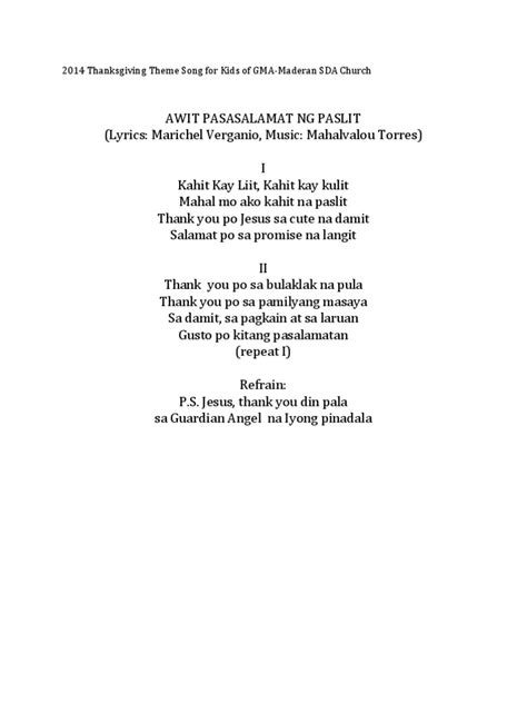 Awit Ng Pasasalamat Lyrics Awit Tiwisita