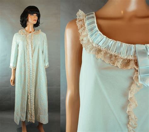 Vintage Peignoir Set Sz L Blue Ivory Lace Chiffon Nightgown Etsy
