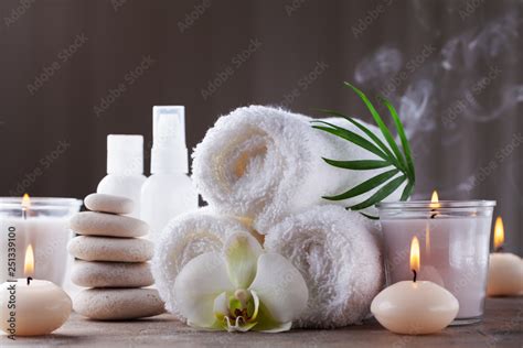 Aromatherapy Spa Beauty Treatment And Wellness Background With Massage Pebbles Orchid Flowers
