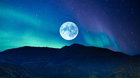 Full Moon Aurora Borealis Night Time Mountain