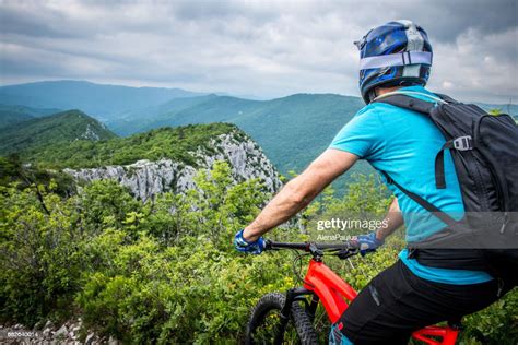 Enduro All Mountain E Bike Rider Adrenaline Mtb Trail Looking At View