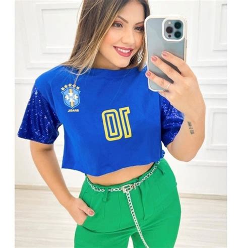 Cropped Camisa Camiseta Do Brasil Manga Paete Moda Parcelamento Sem Juros
