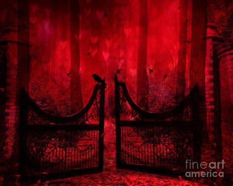 Surreal Fantasy Gothic Red Forest Crow On Gate Photograph