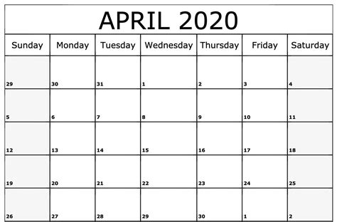 Free Download April 2020 Calendar Printable Template 2020 Calendar