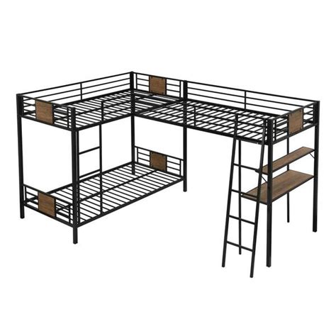Urtr Brown Metal Triple Bunk Bed With Desk And Shelf L Shape Twin Over