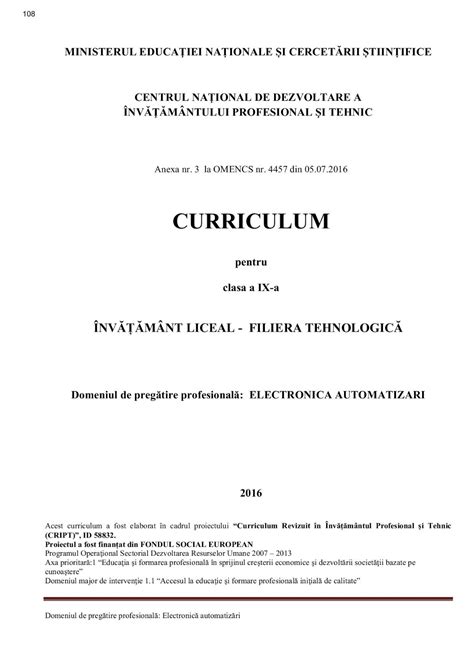 Catedra Tehnica Airinei Curriculum Clasa A 9 A Liceu Electronica