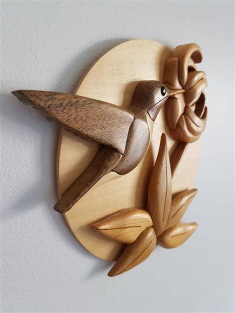 Feeding Hummingbird Handmade Intarsia Inlaid Wood Art Etsy