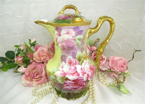 Antique French Limoges Chocolate Pot Hand Painted Roses Signed Hand