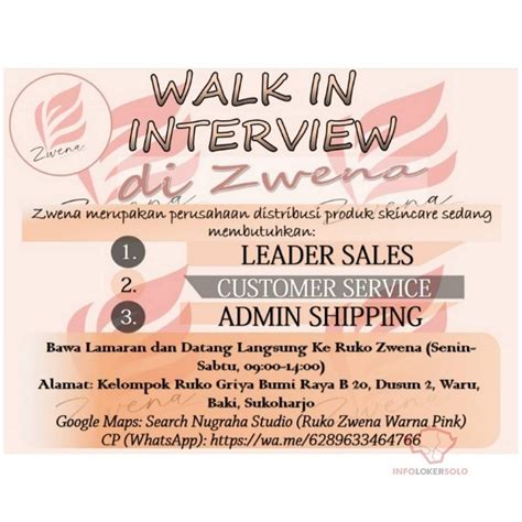 Adapun informassi lowongan kerja diantaranya mengenai lowongan pekerjaan dari perusahaan swasta , lowongan kerja bank, lowongan kerja bumn , lowongan kerja cpns. Lowongan Kerja Team Officer Zwena di Solo - INFO LOKER SOLO