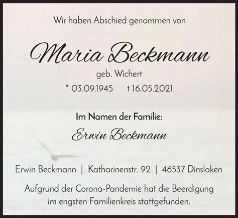 Traueranzeigen Von Maria Beckmann Trauer In NRW De