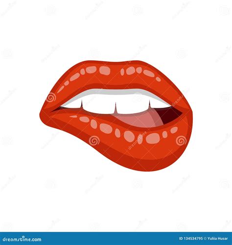 Woman`s Lip Bite One`s Lip Female Lips With Red Lipstick Vector Illustration Isolated On
