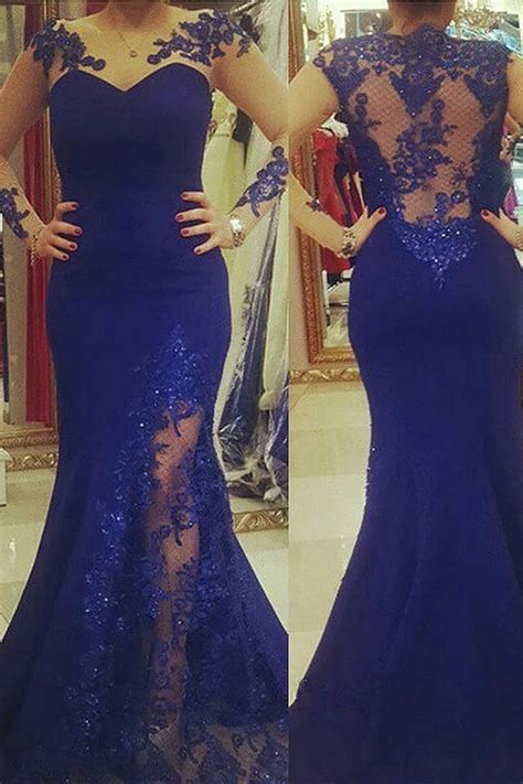 Royal Blue Plus Size Mermaid Prom Dress With Sheer Sleeves Plus Size Dress With Lace N2218