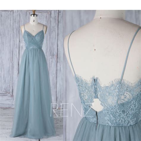 Bridesmaid Dress Dusty Blue Spaghetti Straps Tulle Wedding Dresslace