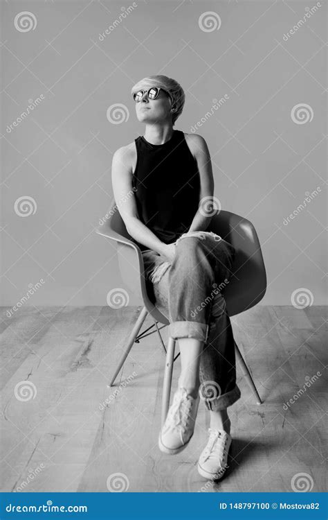Monochrome Portrait Of Stylish Blonde Short Hair Young Woman Stock